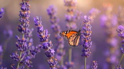 A close-up of a monarch butterfly on a lavender bloom, wings spread to showcase their detailed...