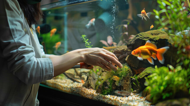 Pet owner cleaning a fish tank at home - Powered by Adobe