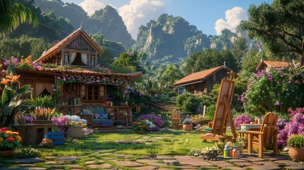 Obraz premium Tranquil mountain cabin with artist s easel set in a serene courtyard, picturesque illustration