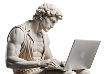 Fototapeta premium Traditional plaster statue of a man working on a laptop for IT, cut out - stock png.