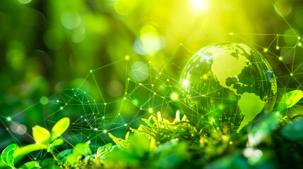Sustainable Earth with Digital Network. A green globe surrounded by a digital network, set against a lush green background, symbolizing sustainability and technology role in environmental conservation