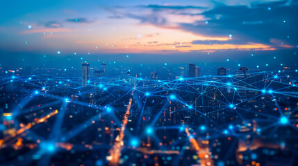 Cityscape Digital Network Overlay. City skyline at dusk with digital network overlay, representing connectivity, smart city technology, highlighting interaction between urban life, digital networks