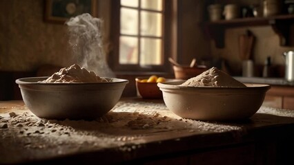 Two Bowls of Flour with Steam Rising in Rustic Kitchen Setting - Powered by Adobe