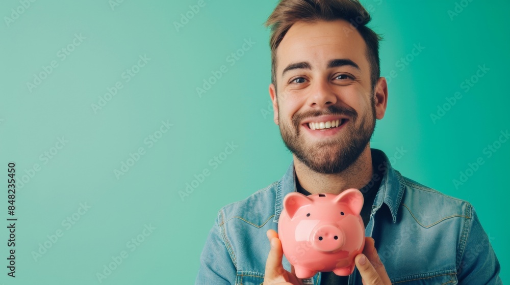 Wall mural Happy male holding a pink piggy bank