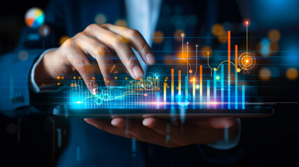 Hands Interacting with Digital Data. Businessman hands interacting with a digital tablet displaying various graphs and charts, symbolizing data analysis and modern technology.