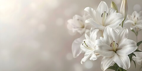 Sympathy Card with White Lily Background and Blank Space for Message. Concept Sympathy, Condolence, White Lily, Background, Blank Space