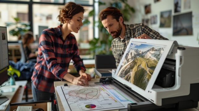 Engineers using a large format printer to produce pipeline maps in an office