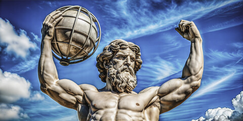 Statue of the Greek god Atlas, bearing the weight of the world against a backdrop of a blue sky