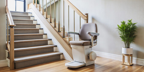 Automated stairlift on a staircase designed for elderly or disabled individuals