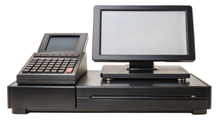 Black cash register featuring a blank computer monitor screen, cut out - stock png.