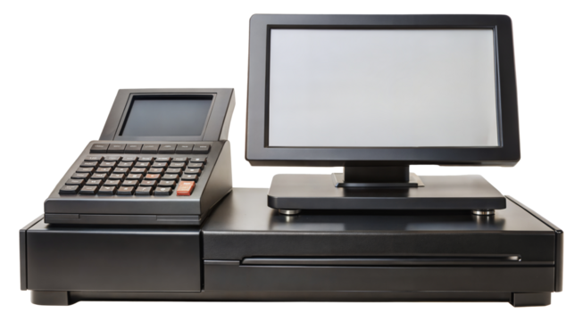 Black cash register featuring a blank computer monitor screen, cut out - stock png.