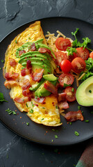 Omelette with bacon, avocado and tomatoes
