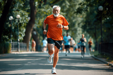 Fototapeta premium A senior man with a white beard runs confidently on a sunny day in a park, surrounded by other runners