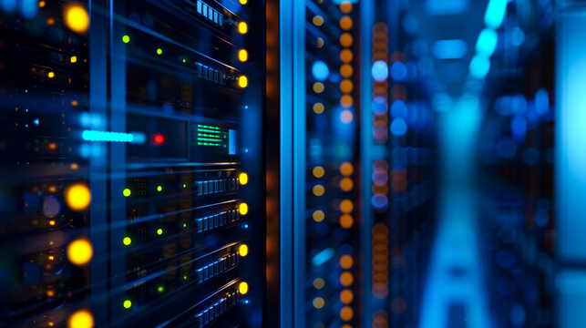 Data center with server racks and glowing lights. Modern data center featuring rows of server racks illuminated by glowing lights, Advanced technology, infrastructure of digital storage and processing