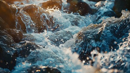 Rapid stream with cascading water over rocky terrain close up abstract scenery
