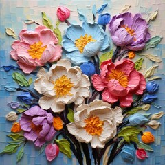 Colorful peony flowers impasto oil painting illustration on blue background. Valentine, Woman's day and Mothers day concept, art for design poster, greeting card, banner, wedding invitation