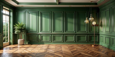Modern and classic green interior design with wooden floors and wall panels ,  render, mockup,home, decor, house