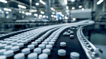 Obraz premium Modern pharmaceutical production line producing medicine capsules