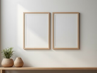 Mockup of two poster, photo frame on wooden table with white wall background