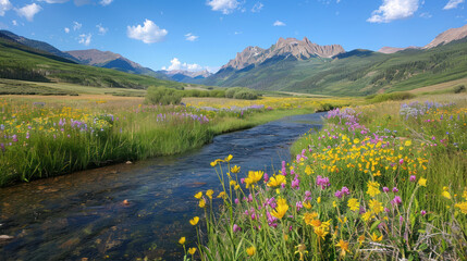 Scenic valley with a river winding through wildflower meadows