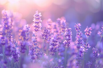Fototapeta premium Lavender field in summer morning with blurred background.
