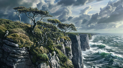 Seaside cliffs with wind-swept trees and a cloudy sky
