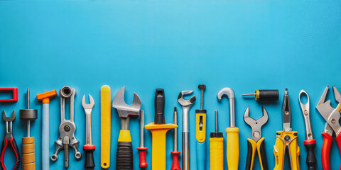Set of hand tools and general work tools arranged on a blue background, perfect for repair tasks with copy space
