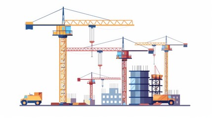 A construction site with tower cranes is portrayed against a white isolated background indicating the construction of multistorey buildings