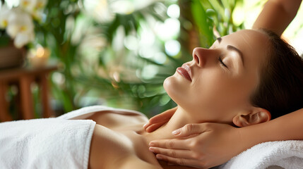 Woman indulges in a soothing massage at a tranquil spa featuring aromatherapy and tropical ambiance