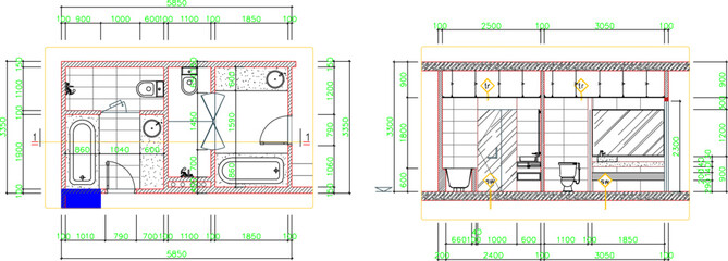 Vector silhouette illustration sketch, detailed drawing of architectural engineering design, floor plan and bathroom interior with a size scale