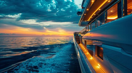Luxury yacht in sea water at sunset with colorful sky.