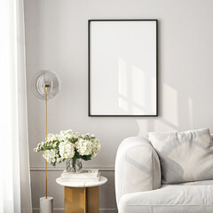 Frame mockup, ISO A paper size. Living room wall poster mockup. Interior mockup with house background. Modern interior design. 3D render
