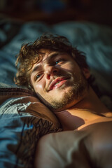 Fototapeta premium Caucasian man happily resting in his bedroom.