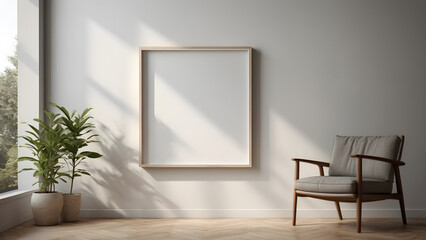 Mockup of poster, photo frame on white wall background in a living room