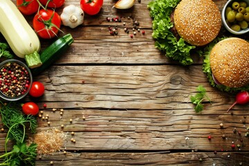 Rustic wooden table with fresh vegetables and burgers