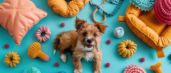 An array of pet accessories placed on a solid color background Items include a collar a leash a pet bed and toys The background color is cheerful and bright reflecting the playful nature of pets and