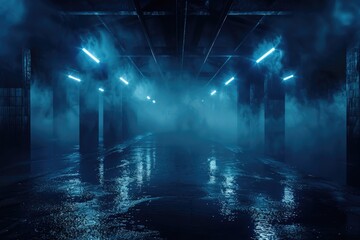 Dark urban scene with neon lights and reflections on wet asphalt.