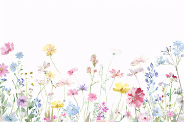 A vibrant meadow with a variety of colorful flowers in full bloom against a white background