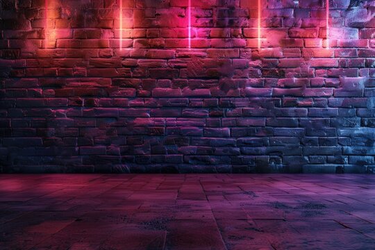 Empty brick wall background night view neon light rays. Celebratory background.
