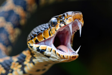 Fototapeta premium Close-Up of a Venomous Snake with Fangs Bared and Mouth Open in a Defensive Pose, Showcasing Intricate Scale Patterns and Sharp Teeth in a Natural Habitat
