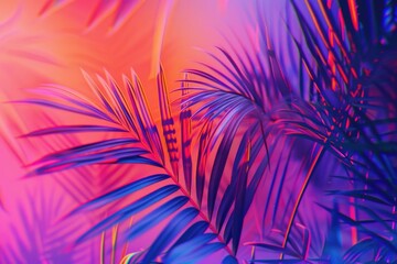 Vibrant tropical leaves in holographic colors with surreal concept.