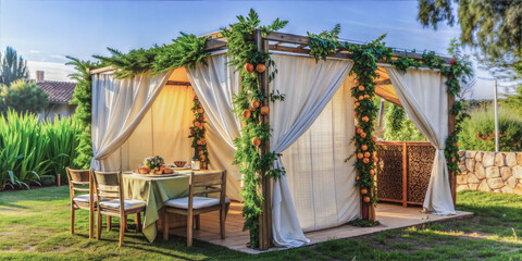 Customary Sukkah set up for the Jewish holiday of Sukkot