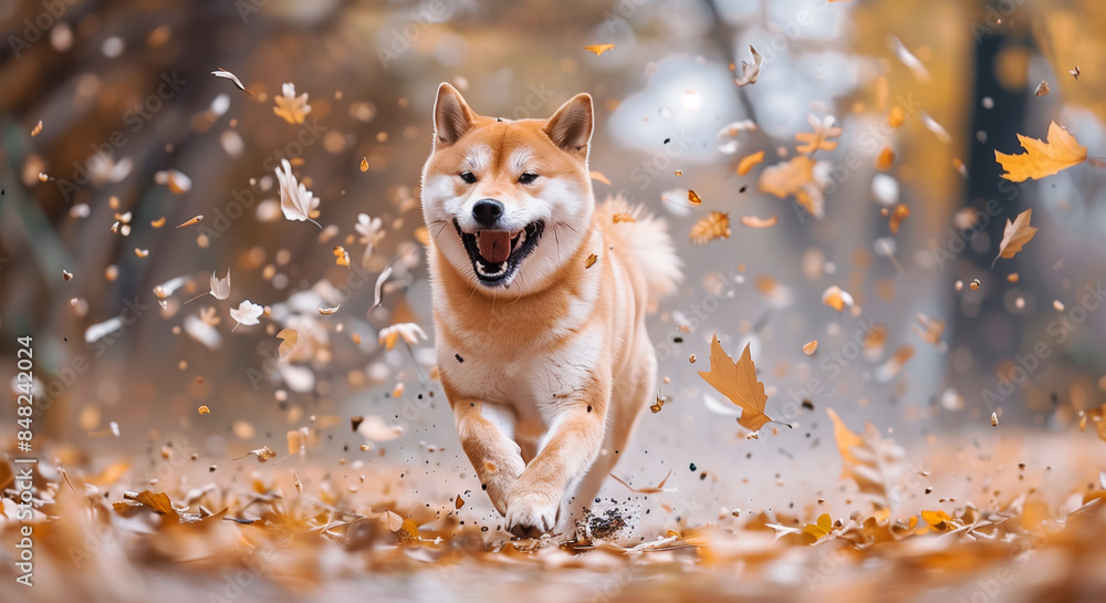 Poster shiba inu running through autumn leaves with a joyful expression on a clear fall day in the forest