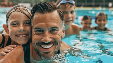 Portrait of swimming coach with students in group aqua training class in gym