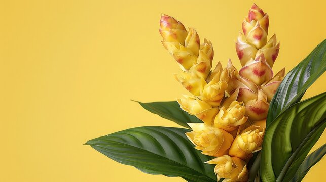 Nigerian costus spectabilis, bold yellow, digital art, high contrast, space for text on the top,