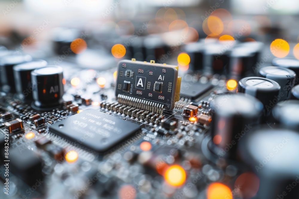 Poster ai microchip on circuit board with blurred background, highlighting advanced technology, computing, 