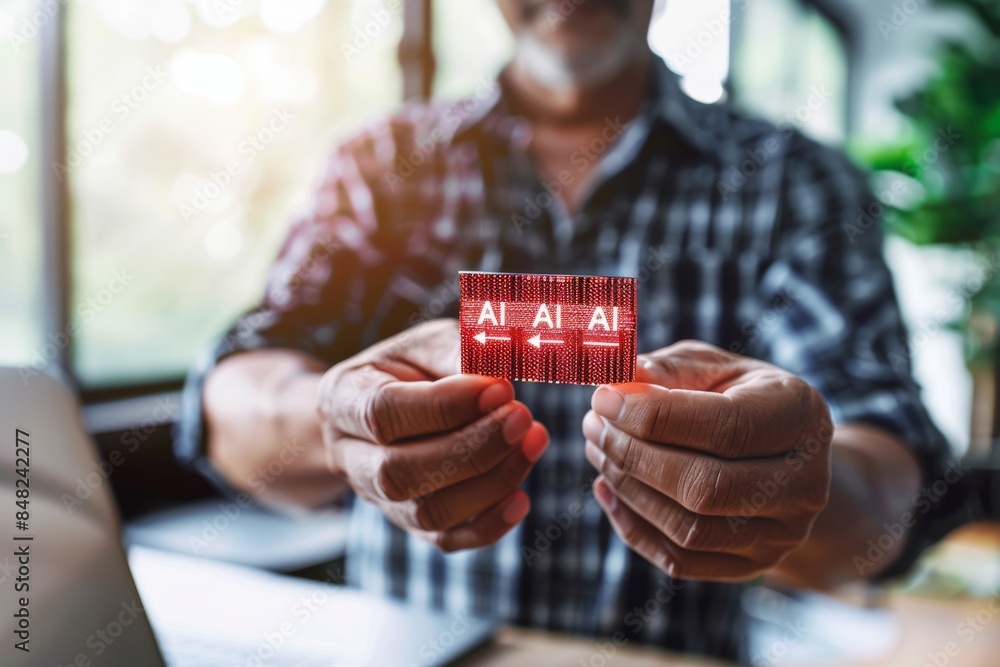 Poster man holding ai microchip, representing technology, innovation, and intelligent systems in a modern s