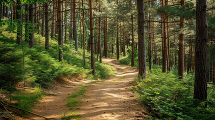 Naklejka premium Sunlit path winding through a dense forest with tall pines