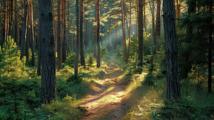Sunlit path winding through a dense forest with tall pines