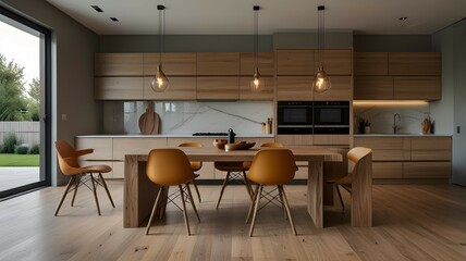 Fototapeta premium bright and spacious modern kitchen design with wood and yellow chairs